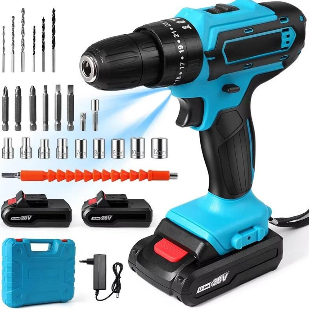 Bormașină cu percuție + Set de accesorii + 2 baterii CADOU