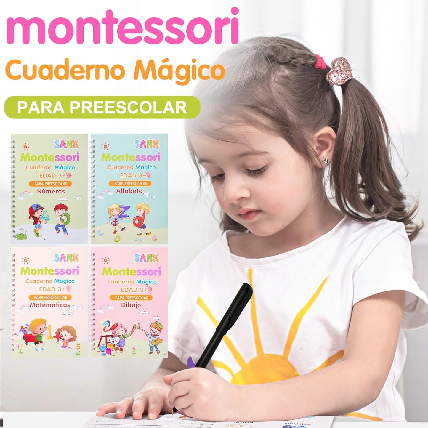Montessori MagicBook™ – Cuadernos Mágicos Reutilizables - 4unidades (Dibujo, Alfabeto, Números y Matemáticas)