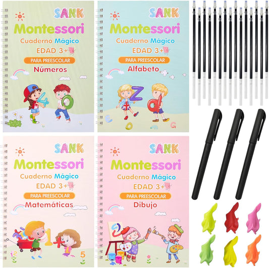 Montessori MagicBook™ – Cuadernos Mágicos Reutilizables - 4unidades (Dibujo, Alfabeto, Números y Matemáticas)
