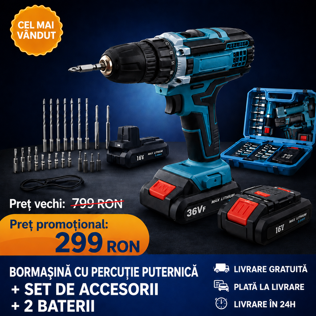 Bormașină cu percuție + Set de accesorii + 2 baterii CADOU